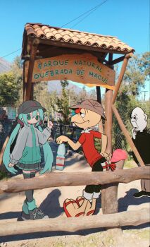 Rule 34 | 1girl, 2boys, alternate costume, black hat, black pants, black shoes, black skirt, black thighhighs, blue eyes, blue hair, blue sky, brown hat, character request, commentary, commentary request, condorito, condorito (character), day, double-parted bangs, english commentary, flip-flops, grey jacket, hair between eyes, hat, hatsune miku, highres, index finger raised, jacket, long sleeves, looking at another, low twintails, mixed-language commentary, multiple boys, outdoors, pants, photo background, pleated skirt, red shirt, ri (qrcode), sandals, shirt, shoes, short sleeves, sidelocks, skirt, sky, sneakers, spanish commentary, t-shirt, thighhighs, twintails, vocaloid