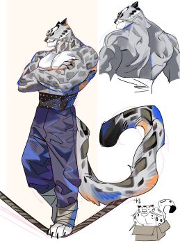 abs absurdres animal_ears back bandaged_leg bandages bare_back bare_shoulders box chest_fur chibi claws closed_mouth collarbone crossed_arms fangs from_behind from_side furry furry_male grey_fur highres in_box in_container karmaho korean_commentary kung_fu_panda leopard_boy leopard_ears muscular muscular_male pants pectoral_cleavage pectorals rope sketch snow_leopard snow_leopard_boy snow_leopard_ears snow_leopard_tail solo spotted_fur tai_lung tail whiskers