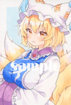Rule 34 | 1girl, :3, animal hat, arms under breasts, blonde hair, blue tabard, closed mouth, commentary request, fox tail, hands in opposite sleeves, hat, highres, kitsune, long sleeves, looking at viewer, mob cap, multiple tails, sample watermark, smile, solo, tabard, tail, touhou, traditional media, upper body, watermark, wide sleeves, yakumo ran, yellow eyes, yuiki (cube)