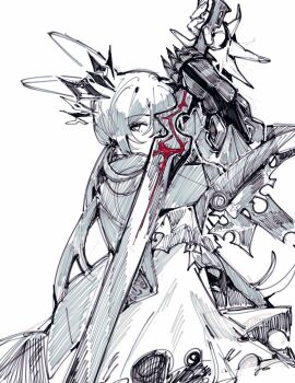 1girl absurdres amiya_(arknights) amiya_(guard)_(arknights) animal_ears arknights arms_up cowboy_shot crown dress gauntlets greyscale highres holding holding_sword holding_weapon irkaoy jacket looking_at_viewer low_ponytail monochrome over_shoulder ponytail rabbit_ears single_gauntlet solo spot_color sword sword_over_shoulder weapon weapon_over_shoulder