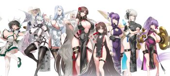 6+girls above-cleavage_cutout absurdres aged_down alternate_breast_size_(larger) baby_bottle bamboo_steamer bare_shoulders biscione_(fate) black_dress black_gloves black_hair black_hands black_thighhighs blue_eyes blue_lips blush body_markings bottle bracelet braid braided_ponytail breast_curtains breasts brown_eyes brown_hair center_opening china_dress chinese_clothes claw_(weapon) cleavage cleavage_cutout closed_eyes clothing_cutout clumsy colored_extremities covered_erect_nipples covered_navel crossed_arms crossed_bangs crown dango demon_girl demon_horns demon_wings dragon_girl dragon_horns dragon_tail dress earrings eyeliner fate/grand_order fate_(series) feather_boa flower food frilled_dress frills full_body gloves gold_trim green_eyes green_scales green_tail grey_dress grey_hair grin hair_between_eyes hair_bun hair_flower hair_ornament hair_over_one_eye hair_ribbon hair_stick highres holding holding_tray horns huge_breasts jewelry large_breasts lilith_(fate) lily_servant long_hair looking_at_viewer makeup mini_crown morgan_le_fay_(fate) mrs._snake_(fate) multicolored_hair multiple_girls necklace open_mouth passionlip_(fate) pasties pear-shaped_figure pearl_necklace pelvic_curtain petite pink_eyes pink_ribbon pointy_ears ponytail popsicle purple_dress purple_hair red_eyes revealing_clothes ribbon scales scathach_(fate) scathach_skadi_(fate) see-through_clothes shibao_aoyama short_dress short_hair side_slit sideboob sideless_outfit sidelocks simple_background single_braid single_earring sleeveless small_breasts smile steamed_bun stomach_tattoo streaked_hair super_baby_caren sweatdrop tail tassel tassel_earrings tattoo tears thigh_strap thighhighs tray twintails very_long_hair wagashi weapon white_background white_dress white_hair white_horns white_thighhighs wings yellow_eyes yu_mei-ren_(fate)