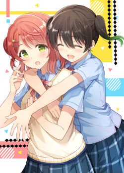 2girls :d :o ^_^ black_hair blue_shirt blue_skirt blush bow brown_hair closed_eyes collared_shirt dress_shirt gradient_hair green_eyes green_hair hair_between_eyes hair_bun hair_ornament hairclip hug hug_from_behind love_live! love_live!_nijigasaki_high_school_idol_club multicolored_hair multiple_girls open_mouth pink_bow pleated_skirt sakurai_makoto_(custom_size) shirt side_bun single_hair_bun single_side_bun skirt smile sweater_vest takasaki_yu textless_version twintails uehara_ayumu