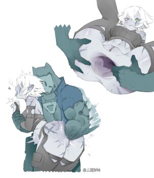 1boy 1girl anal anal_fisting anus ass bare_shoulders black_gloves black_legwear bottomless colored_skin elbow_gloves extreme_gaping feet_out_of_frame feet_up fisting gaping gloves green_eyes hetero highres large_insertion liren44 original pointy_ears purple_skin pussy revision scar scar_across_eye scar_on_face short_hair simple_background spread_anus stomach_bulge tongue tongue_out uncensored white_background white_hair zeng_(liren44)