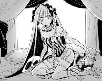 1girl bare_shoulders bed black_bow bow breasts collar colored_inner_hair commentary_request detached_sleeves dress fate/strange_fake fate_(series) francesca_prelati_(fate) frilled_collar frilled_thighhighs frills hair_bow holding holding_orb long_hair looking_at_viewer medium_breasts monochrome multicolored_hair multiple_hair_bows on_bed open_mouth orb pillow ringed_eyes shoes smile solo striped_clothes striped_dress thighhighs twitter_username uhana vertical-striped_clothes vertical-striped_dress white_dress