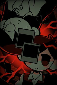 1boy 1girl :&gt; :&lt; antenna_hair black_eyes black_hair black_sweater_vest closed_mouth collared_shirt commentary_request double-parted_bangs dress hair_between_eyes highres hotokeforgame long_hair looking_at_viewer mari_(omori) mari_(spirit)_(omori) omori photo_(object) shirt short_hair sunny_(omori) sweater_vest white_dress white_eyes white_shirt