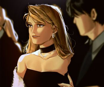 Rule 34 | 1girl, 2boys, bare shoulders, black background, black choker, black dress, black hair, black jacket, blonde hair, blurry, blurry background, blurry foreground, breasts, brown eyes, brown nails, choker, collared shirt, commentary, dress, earrings, edward elric, fullmetal alchemist, highres, holding another's arm, jacket, jeweldraw, jewelry, long hair, medium breasts, multiple boys, nail polish, necklace, parted lips, ponytail, riza hawkeye, roy mustang, shirt, short hair, solo focus, suit jacket, swept bangs, symbol-only commentary, twitter username, upper body