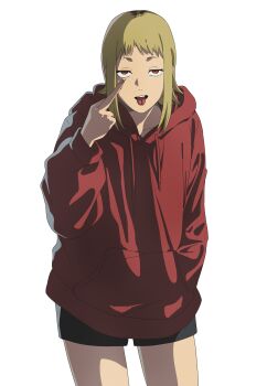 Rule 34 | 1girl, absurdres, akanbe, black shorts, blonde hair, chainsaw man, eyelid pull, forked tongue, half-closed eyes, hand in pocket, highres, hood, hoodie, knew nothing, looking at viewer, medium hair, middle finger, red eyes, red hoodie, sawatari akane (chainsaw man), shorts, solo, thighs, tongue, tongue out, white background