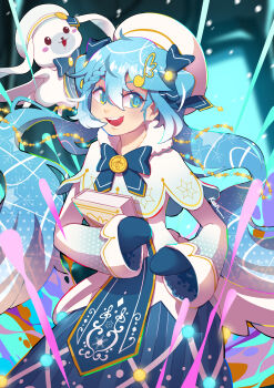 1girl absurdres beret blue_bow blue_eyes blue_hair blue_mittens blue_skirt book bow dress eyebrows_hidden_by_hair floating_hair fortissimo hair_ornament hat hatsune_miku highres holding holding_book keenbiscuit long_hair looking_to_the_side mittens musical_note musical_note_hair_ornament rabbit skirt solo twintails very_long_hair vocaloid white_dress white_hat yuki_miku yuki_miku_(2021)