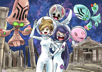 2girls arm_up beheeyem breasts brown_hair clothed_pokemon commentary_request dot_nose earrings elgyem eyelashes fennel_(pokemon) floating floral_print flower_hairclip gen_5_pokemon glasses green_eyes hair_ornament hairclip hands_on_another's_arms highres jewelry kicdon legendary_pokemon minccino multiple_girls munna nintendo open_mouth pillar pokemon pokemon_(creature) pokemon_bw professor_juniper reshiram ruins scared semi-rimless_eyewear short_hair sky smile spacesuit star_(sky) starry_sky sweat zekrom