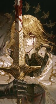 Rule 34 | 1girl, absurdres, armor, armor under clothes, blonde hair, blood, blood on face, bloody weapon, braid, braided bun, cloak, crown braid, elden ring, elden ring: shadow of the erdtree, gauntlets, hair bun, highres, holding, holding sword, holding weapon, knight, looking at viewer, needle knight leda, ornate, ornate armor, rakita, short hair, solo, sword, weapon, white cloak, yellow eyes