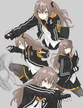Rule 34 | 1girl, 1other, 404 logo (girls' frontline), absurdres, armband, black boots, black gloves, black jacket, black pantyhose, black skirt, boots, brown eyes, brown hair, clenched hand, commentary request, crossed bangs, determined, double-parted bangs, dress shirt, fighting, fingerless gloves, fuku (fuku12290574), girls' frontline, gloves, grey background, hair between eyes, highres, hood, hood down, hooded jacket, jacket, kneeing, layered skirt, long hair, long sleeves, motion lines, multiple views, one side up, open clothes, open jacket, pantyhose, pleated skirt, pout, punching, scar, scar across eye, scar on face, shirt, simple background, skirt, two-sided fabric, two-sided jacket, ump45 (girls' frontline), yellow armband, yellow jacket, yellow skirt