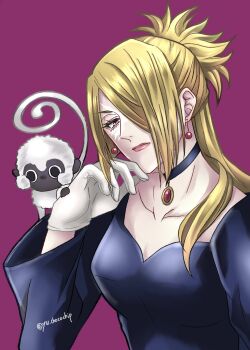1girl animal animal_on_shoulder artist_name blonde_hair blue_choker blue_shirt breasts burn_scar choker collarbone d.gray-man earrings facial_mark floating_earrings gem gloves hair_over_one_eye hair_over_shoulder half_updo hand_on_own_chin head_tilt highres jewelry klaud_nine lau_shimin lips long_hair long_sleeves looking_at_viewer mature_female medium_breasts monkey one_eye_covered pet pink_lips purple_background purple_eyes red_gemstone scar scar_on_face shirt sidelocks signature simple_background single_glove solo twitter_username white_gloves wide_sleeves yu_chocochip