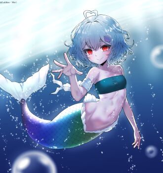 1girl absurdres ahoge air_bubble artist_name bandaged_arm bandages blue_hair breasts bubble closed_mouth collarbone commentary full_body green_tube_top groin hair_between_eyes hair_ornament hand_up heart heart_ahoge highres looking_at_viewer luiiferu medium_hair mermaid monster_girl navel original scales shell shell_hair_ornament sidelocks small_breasts smile solo stomach strapless tube_top underwater variant_set