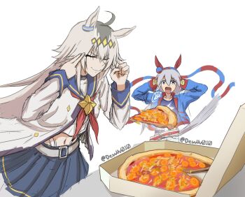 2girls animal_ears ascot belt blue_jacket brooch carrot_slice closed_eyes commentary desuuuu food grey_hair grey_jacket hands_on_own_head highres horse_ears horse_girl horse_tail jacket jewelry man_levitating_pizza_(meme) meme multiple_girls navel oguri_cap_(starlight_beat)_(umamusume) oguri_cap_(umamusume) open_clothes open_jacket pizza pizza_slice pleated_skirt red_ascot simple_background sketch skirt star_brooch table tail tamamo_cross_(fast_as_lightning)_(umamusume) tamamo_cross_(umamusume) telekinesis twitter_username umamusume white_background