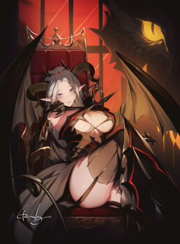 1girl black_horns black_thighhighs black_wings blue_eyes blush breasts commentary_request curled_horns dragon genyaky highres horns large_breasts long_hair looking_at_viewer original parted_lips pointy_ears signature sitting smile solo teeth thighhighs thighs white_hair wings yellow_eyes