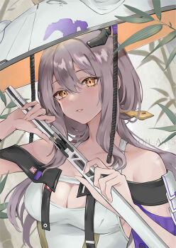 1girl alternate_hairstyle armor artist_name bamboo breasts cleavage fighting_stance goddess_of_victory:_nikke grey_hair hat holding holding_weapon japanese_armor jingasa large_breasts large_hat leotard long_hair looking_at_viewer nonon030 parted_lips ready_to_draw scarlet_(nikke) shoulder_armor sode solo sword weapon white_leotard yellow_eyes