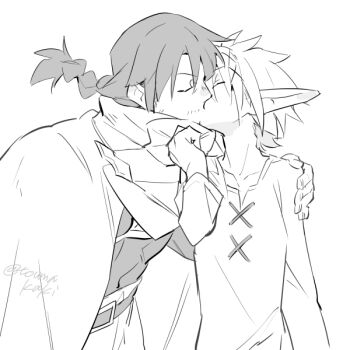 2boys abs belt braid cloak closed_eyes commentary_request dasshu_(dashi_now) facial_hair greyscale hand_on_another&#039;s_shoulder ishuzoku_reviewers kiss long_sleeves monochrome multiple_boys mustache_stubble pants pointy_ears shirt short_hair signature simple_background stubble stunk yaoi zel_(ishuzoku_reviewers)