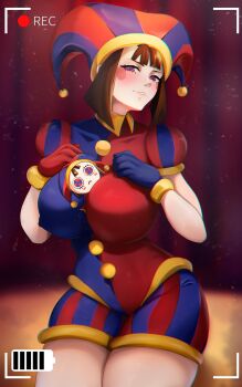 1girl absurdres belkaderry breasts character_plush glitch_productions gloves hat highres huge_breasts jester jester_cap multicolored_eyes object_between_breasts pomni_(the_amazing_digital_circus) short_hair the_amazing_digital_circus