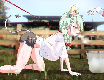 1girl 1other absurdres all_fours animal_ears bitch_taken_for_walk blue_sky blurry blurry_background blush bow braid breasts breath bucket ceres_fauna commentary cow_ears cow_horns cow_tail crawling day disembodied_hand dripping english_commentary farm female_focus flower green_eyes green_hair gurumie gym_shorts hair_bow hair_flower hair_ornament hanging_breasts highres hololive hololive_english horns hypnosis large_breasts leash long_bangs looking_at_object midriff_peek mind_control mole mole_under_eye multiple_hair_bows open_mouth outdoors pet_play petgirl profile red_bow see-through_clothes see-through_shirt shirt shorts sky sweat sweaty_clothes tail twin_braids virtual_youtuber white_shirt