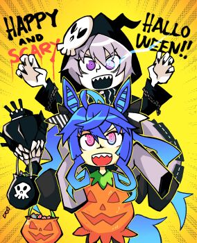 2girls @_@ absurdres abyssal_ship ahoge animal_ears blue_hair candy commission crossover fingernails flaming_eye food grey_hair halloween halloween_bucket halloween_costume highres hood hoodie horse_ears horse_tail kantai_collection mask multicolored_eyes multiple_girls pale_skin purple_eyes re-class_battleship setz sharp_fingernails sharp_teeth skull_mask tail teeth trait_connection twin_turbo_(umamusume) umamusume
