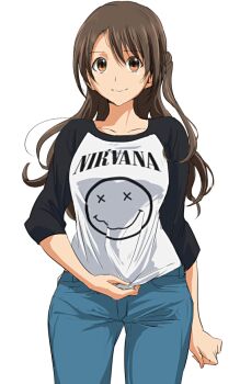 Rule 34 | 10s, 1girl, 71 (nanaichi drafting), band shirt, brown eyes, brown hair, clothes writing, female focus, idolmaster, idolmaster cinderella girls, long hair, merchandise, nirvana (band), one side up, pants, product placement, raglan sleeves, shimamura uzuki, simple background, smile, solo