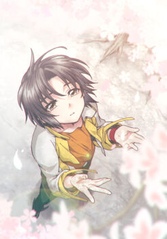 1boy black_hair blurry bracelet brown_eyes cherry_blossoms collared_jacket commentary_request depth_of_field hands_up jacket jewelry makabe_kazuki male_focus multicolored_jacket nagi_(exsit00) orange_shirt parted_lips petals shirt short_hair solo soukyuu_no_fafner