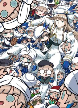 Rule 34 | aqua eyes, baker nemo (fate), beret, blonde hair, bread, captain nemo (fate), captain nemo (santa) (fate), chibi, commentary request, engineer nemo (fate), fake facial hair, fake mustache, fate/grand order, fate (series), food, gift, glasses, hammer, hat, hat feather, highres, holding, holding hammer, long hair, marine nemo (fate), marine nemo (santa) (fate), nemo (fate), noah (fate), noah (first ascension) (fate), nurse cap, nurse nemo (fate), otonami sw, professor nemo (fate), riyo (lyomsnpmp) (style), santa hat, sharp teeth, sunglasses, sweatdrop, teeth, too many, turban, v, white turban