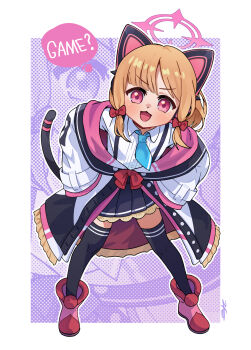 1girl absurdres animal_ear_headphones animal_ears black_jacket black_skirt black_tail black_thighhighs blonde_hair blue_archive blue_necktie blush boots border bow buttons cat_ear_headphones cat_ears cat_tail chinese_commentary collared_shirt commentary dotted_background dress_shirt english_text fake_animal_ears fake_tail frilled_jacket frilled_skirt frills full_body hair_bow halo hands_on_own_hips headphones highres jacket leaning_forward legs_apart long_sleeves looking_at_viewer low-tied_sidelocks making-of_available medium_hair momoi_(blue_archive) multicolored_jacket necktie off_shoulder open_mouth outline outside_border parted_bangs pink_boots pink_eyes pink_halo pink_jacket pleated_skirt purple_background red_bow school_uniform shirt short_necktie sidelocks signature skirt sleeves_past_wrists smile solo speech_bubble standing suspender_skirt suspenders swept_bangs tail tail_raised thighhighs two-sided_fabric two-sided_jacket unbuttoned v-shaped_eyebrows white_border white_jacket white_outline white_shirt wide_sleeves zfj zoom_layer