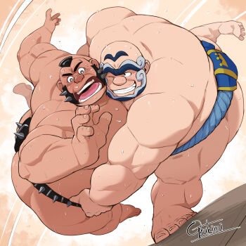 2boys bald bara barefoot beard black_hair bright_pupils broad_shoulders commentary commission english_commentary facial_hair fat fat_man grey_eyes highres kofu_(pokemon) male_focus mawashi mohawk multiple_boys muscular muscular_male nintendo one_eye_closed open_mouth otsukimi philippe_(pokemon) pokemon pokemon_legends:_z-a pokemon_scarlet_and_violet round_nose skeb_commission sumo sweat teeth topless_male unibrow