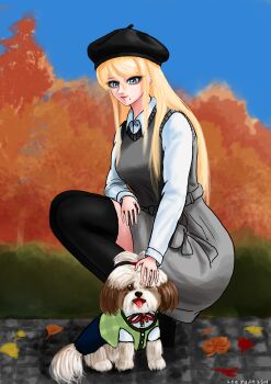 1girl absurdres alternate_hairstyle animal autumn autumn_leaves beret black_thighhighs blonde_hair blue_eyes blue_sky breasts dog dress grey_dress grey_skirt grey_vest hat highres large_breasts leaf leeyujin2501 long_hair metroid nintendo petting red_lips samus_aran shirt skirt sky squatting stone_floor thighhighs vest white_shirt