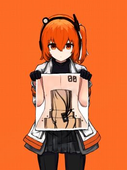 1girl adachi_rei black_gloves black_leggings black_shirt black_skirt blush breasts closed_mouth commentary_request cowboy_shot expressionless gloves hair_between_eyes hair_ribbon headlamp headset holding holding_photo jacket leggings long_bangs looking_at_viewer number_tattoo one_side_up orange_background orange_eyes orange_hair photo_(object) pleated_skirt reiji_(zero) ribbon shirt short_hair simple_background skirt solo tattoo turtleneck turtleneck_shirt utau white_jacket wire