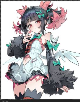 1girl art_program_in_frame bare_shoulders black_choker black_hair black_sleeves black_thighhighs bow bowtie breasts checkered_necktie choker closed_mouth clothing_cutout colored_inner_hair cowboy_shot detached_sleeves dress fur-trimmed_sleeves fur_trim green_bow green_bowtie hackmemme hair_bow highres looking_at_viewer multicolored_hair navel navel_cutout necktie pink_bow red_eyes red_nails red_necktie rokudu_sariel short_twintails simple_background small_breasts solo thighhighs twintails white_background white_dress white_wings wings zenless_zone_zero