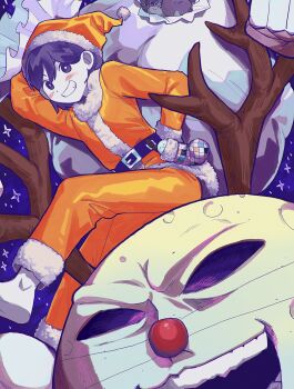 Rule 34 | 2boys, :d, animal, antlers, arm behind back, bag, barefoot, belt, black belt, blush, bright pupils, christmas stocking, chromatic aberration, colored skin, commentary request, double-parted bangs, forest bunny (omori), full body, fur-trimmed headwear, fur-trimmed jumpsuit, fur-trimmed sleeves, fur trim, grin, hair behind ear, hair between eyes, hand on own hip, hat, hector (omori), hector jr (omori), highres, holding, holding bag, hollow eyes, horns, jumpsuit, kel (headspace) (omori), kel (omori), long sleeves, looking at viewer, male focus, multiple boys, omori, open mouth, orange hat, orange jumpsuit, outdoors, pluto (omori), pom pom (clothes), purple eyes, purple hair, purple sky, rabbit, red nose, reindeer antlers, rock, santa costume, santa hat, short hair, skskskaisk, sky, smile, solo focus, sparkle, teeth, white bag, white pupils, white rabbit (animal), white skin