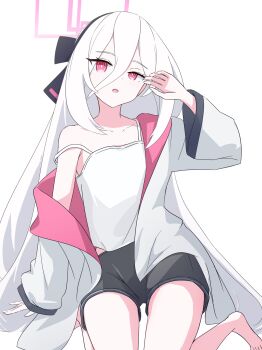 Rule 34 | 1girl, armpit crease, barefoot, black shorts, blue archive, camisole, commentary request, hair between eyes, halo, highres, jacket, junnatsu, kei (blue archive), kei (new body) (blue archive), knees out of frame, long hair between eyes, long sleeves, looking at viewer, loosely tucked bangs, open clothes, open jacket, open mouth, pink halo, pink jacket, rectangular halo, short shorts, shorts, single bare shoulder, single off shoulder, solo, strap slip, two-sided fabric, two-sided jacket, white camisole, white hair, white jacket