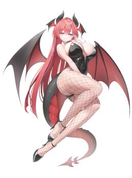1girl absurdres bare_shoulders black_horns black_leotard black_wings blue_eyes blue_streaks blunt_ends breasts cleavage closed_mouth commission covered_navel detached_collar dragon_girl dragon_horns dragon_tail facial_mark fishnet_pantyhose fishnets full_body hair_between_eyes hair_intakes hand_on_own_face hand_up head_wings heterochromia high_heels highres horns keibeam large_breasts legs leotard long_hair looking_at_viewer mole mole_under_eye multicolored_hair original pantyhose playboy_bunny red_eyes red_hair second-party_source simple_background smile solo strapless strapless_leotard streaked_hair tail thighs very_long_hair white_background white_wrist_cuffs wings wrist_cuffs