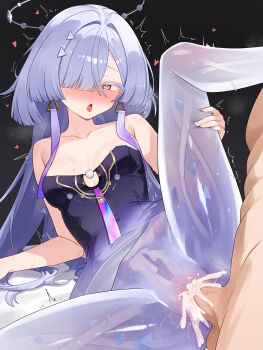 1boy 1girl absurdres arm_support bare_arms blush breasts censored clitoral_hood clitoris clothed_sex clothing_aside collarbone colored_eyelashes cum cum_in_pussy dark_background dress dress_aside earrings erection grey_hair hair_intakes hair_ornament hair_over_one_eye halo heart hetero highres jewelry large_variant_set leg_up long_hair looking_at_viewer mornye_(wuthering_waves) mosaic_censoring nabiyan no_panties nose_blush open_mouth penis purple_dress pussy red_eyes see-through_body sex small_breasts spread_legs strapless strapless_dress triangle_earrings twitching vaginal variant_set wuthering_waves