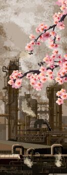 Rule 34 | branch, cherry blossoms, factory, hashtag-only commentary, highres, industrial pipe, kroizzz, ladder, no humans, original, outdoors, pixel art, railing, scenery, steam, tower