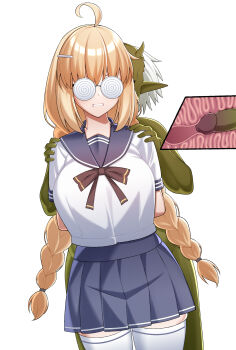 1boy 1girl absurdres aesc_(fate) aesc_(rain_witch)_(fate) ahoge arms_behind_back blue_skirt braid breasts clenched_teeth closed_eyes coke-bottle_glasses colored_skin commission commissioner_upload fate/grand_order fate_(series) glasses goblin green_skin hands_on_another&#039;s_shoulders highres large_breasts leiva non-web_source penis pleated_skirt pointy_ears rape restrained school_uniform skirt teeth twin_braids uncensored uterus