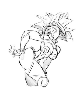 Rule 34 | 1girl, alternate costume, ass, ass cutout, breasts, clothing cutout, cosplay, dragon ball, dragon ball super, earrings, eye mask, funsexydragonball, heart pasties, highres, jewelry, kefla (dragon ball), large breasts, leotard, looking back, mask, monochrome, muscular, muscular female, pasties, potara earrings, rainbow mika, revealing clothes, sketch, smile, spanked, spanking, spanking self, spiked hair, street fighter, thong leotard, white background