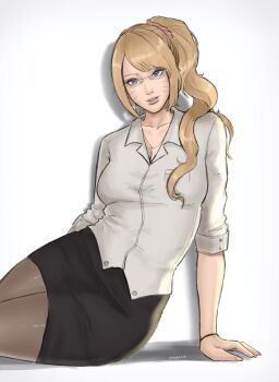 1girl black_pantyhose black_skirt bleeehrghw blonde_hair blue_eyes breasts cleavage commentary earrings english_commentary facial_mark glasses glint hair_ornament hair_scrunchie high_ponytail highres jewelry medium_breasts miniskirt naruko_(naruto) naruto_(series) necklace office_lady pantyhose parted_lips pencil_skirt ponytail scrunchie shirt signature sitting skirt sleeves_rolled_up smile solo whisker_markings white_shirt yokozuwari