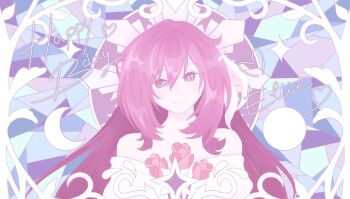 Rule 34 | 1girl, bare shoulders, commentary, dress, elysia (herrscher of human: ego) (honkai impact), elysia (honkai impact), english commentary, happy birthday, highres, honkai (series), honkai impact 3rd, long hair, looking at viewer, lyn (aakilyn), multicolored hair, pink hair, purple eyes, smile, solo, two-tone hair, very long hair, white dress, white hair