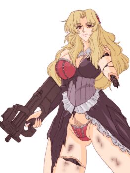 1girl absurdres amputee android blonde_hair bra breasts bullpup coyote_ragtime_show cropped_legs damaged dress exposed_internal_machinery frilled_dress frills gun highres holding holding_gun holding_weapon january_(coyote_ragtime_show) joints koube_masahiko large_breasts long_hair mechabare mechanical_arms mechanical_legs p90 pants red_bra red_eyes red_pants robot_joints simple_background solo standing submachine_gun torn_clothes torn_dress underwear weapon