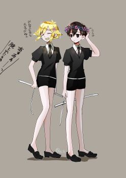 2boys absurdres antenna_hair arrow_(symbol) artist_name basil_(faraway)_(omori) basil_(omori) black_necktie black_shoes black_shorts blonde_hair brown_background closed_eyes commentary_request double-parted_bangs flower flower_wreath hair_between_eyes hair_flower hair_ornament hand_up head_wreath highres houseki_no_kuni male_focus multiple_boys necktie omori open_mouth rami_1300 shoes short_hair short_sleeves shorts sidelocks simple_background smile standing sunny_(omori) translation_request
