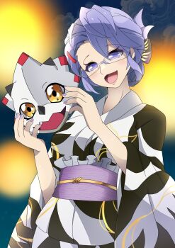 Rule 34 | digimon, digimon world re:digitize, gammamon, glasses, highres, japanese clothes, kimono, mask, mikagura mirei, purple eyes, purple hair, ribbon, roy payne, short hair, voice actor connection
