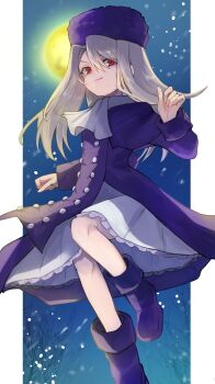 1girl absurdres boots breasts commentary fate/stay_night fate_(series) hat highres illyasviel_von_einzbern long_hair looking_at_viewer moon purple_hat red_eyes small_breasts solo user_kdhu8377 white_hair