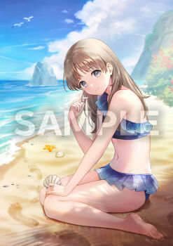 Rule 34 | 1girl, atelier (series), atelier resleriana, atelier resleriana: the red alchemist &amp; the white guardian, atelier totori, beach, bird, blue sky, brown hair, cloud, long hair, midriff, navel, ocean, official art, sample watermark, seagull, seashell, shell, sky, smile, starfish, swimsuit, totooria helmold, watermark