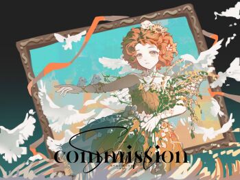 1girl absurdres ambird_(infinity_nikki) animal animal_on_arm animal_on_head awan_(wanzhong81144) bare_shoulders bird bird_on_arm bird_on_head black_bow bow brown_eyes chinese_commentary collarbone commentary_request commission cowboy_shot dot_nose dove dress expressionless flock flower forehead fringe_trim grains_of_yesterday_(infinity_nikki) hair_flower hair_ornament highres holding_wheat infinity_nikki looking_at_viewer messy_hair miniskirt neck_flower nikki_(series) on_head open_mouth orange_dress orange_hair orange_ribbon outstretched_arm painting_(object) picture_frame pink_flower plant pleated_dress pleated_skirt ribbon rose sample_watermark short_hair skirt skirt_under_dress solo strapless strapless_dress sunflower vines watermark wheat_field white_flower white_skirt yellow_flower yellow_rose