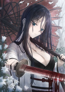 Rule 34 | 10ml, 1girl, bankai, bare tree, black hair, black kimono, bleach, bleach: sennen kessen-hen, blood, blood sword, blue eyes, breasts, carrying over shoulder, cleavage, closed mouth, commentary request, day, expressionless, facial scar, flower, glint, hair between eyes, hands up, haori, highres, holding, holding sword, holding umbrella, holding weapon, japanese clothes, katana, kimono, large breasts, long hair, long sleeves, looking at viewer, mature female, minazuki (bankai), oil-paper umbrella, outdoors, red umbrella, scar, scar on cheek, scar on face, solo, straight hair, sword, taichou haori, torn umbrella, tree, umbrella, unohana retsu, very long hair, weapon, white flower, white haori, wide sleeves, zanpakutou