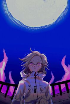 1boy aotsuki_eito blue_background closed_mouth eyebrows eyelashes fire frown glasses gradient_background highres kawati male_focus messy_hair parted_hair pink_eyes pink_fire simple_background solo solo_focus the_hundred_line_-last_defense_academy- upper_body white_hair zipper zipper_pull_tab