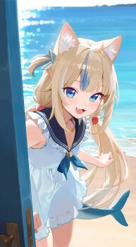 Rule 34 | 1girl, ahoge, animal ear fluff, animal ears, aqua nails, black sailor collar, blonde hair, blue bow, blue eyes, blue hair, blue nails, blue neckerchief, blue sailor collar, blurry, blurry background, blush, bow, cat ears, commentary, dress, fang, fins, fish girl, fish tail, highres, indie virtual youtuber, looking at viewer, low twintails, multicolored hair, nail polish, neckerchief, ocean, omochiarts, one side up, open door, open mouth, sailor collar, sameko saba, sleeveless, sleeveless dress, smile, solo, streaked hair, tail, twintails, very long fingernails, virtual youtuber, white dress, white hair